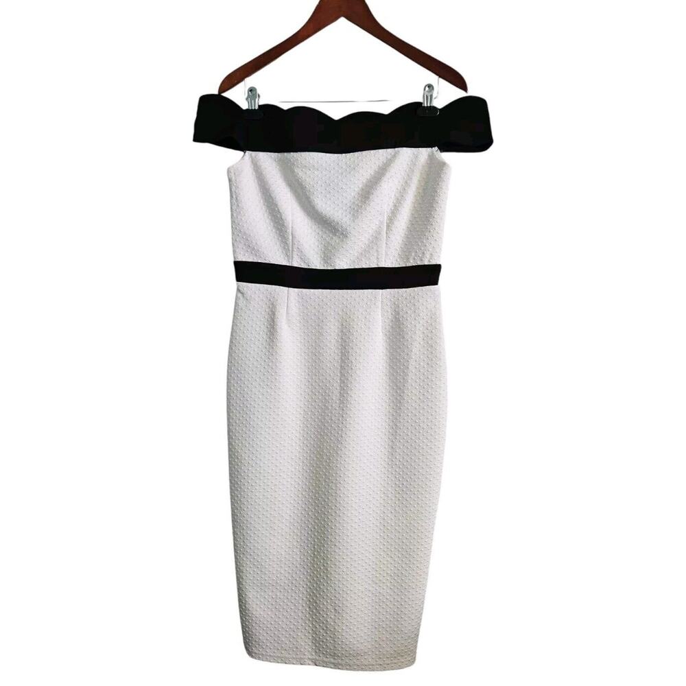 Paper Dolls NWT Dress Size 8 Black White Off Shoulders Pencil Textured Scalloped